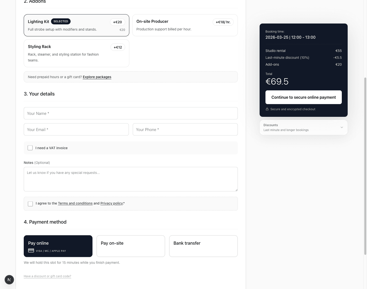 StudioDock grafikas renginių salei su valandinėmis rezervacijomis