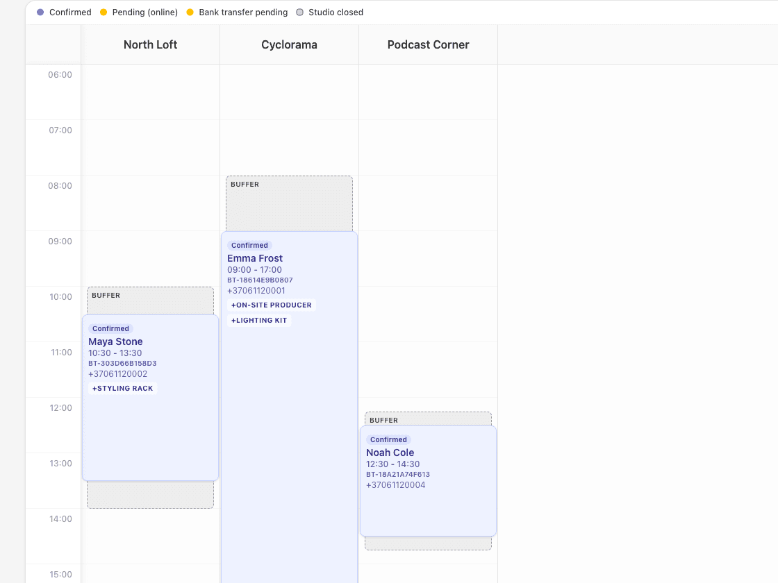 StudioDock schedule view for a podcast and recording studio