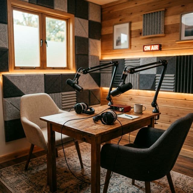 Warm audio podcast booth ready for an assigned operator