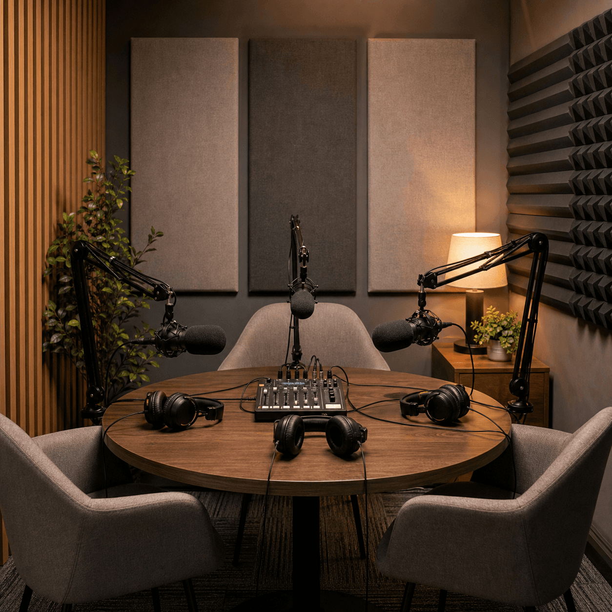 Atmospheric audio podcast booth prepared for a recurring show
