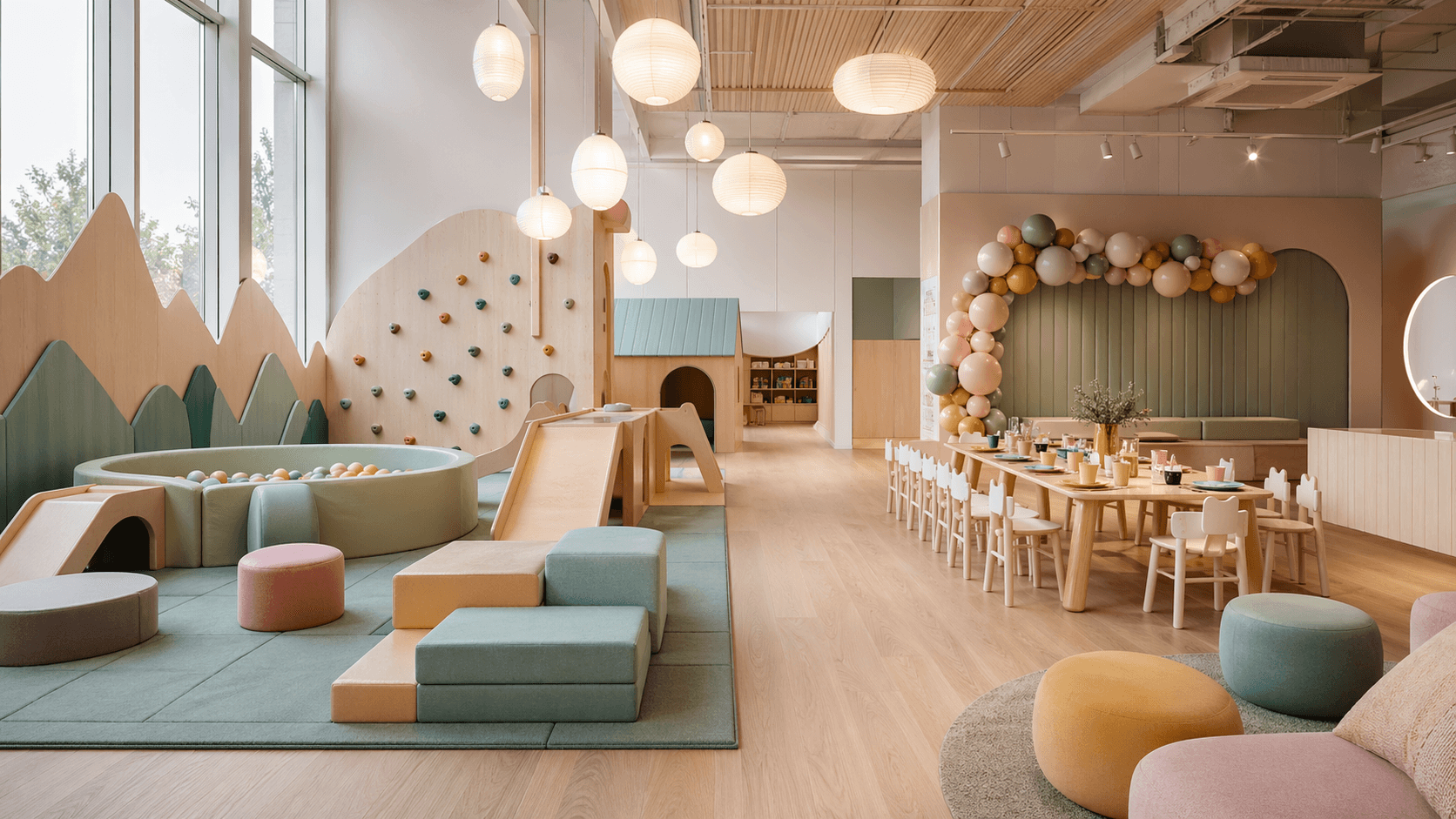 Colorful kids playroom with soft play equipment